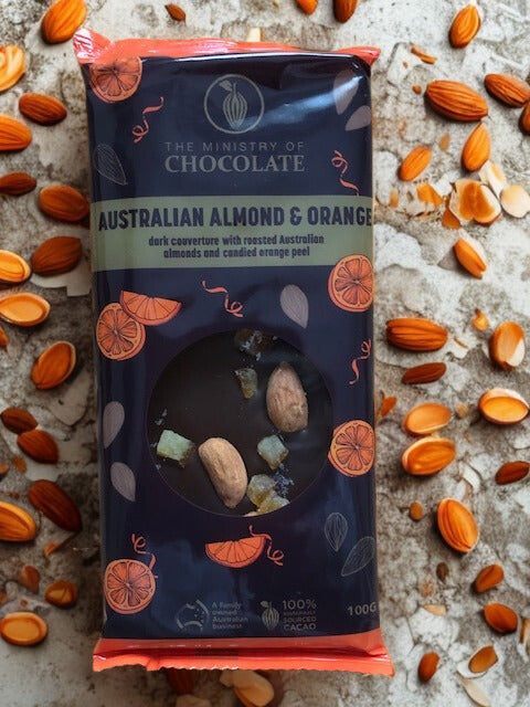 The Ministry of Chocolate Aussie Almond & Orange - 100g Dark Chocolate Bar